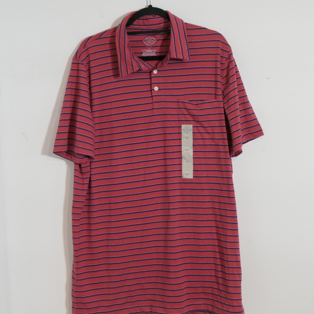St John's Bay Mens Polo LT Red Navy Blue Striped Preppy Coastal Nautical Dadcore
